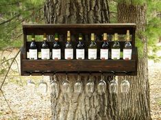 a wine rack is attached to a tree in the woods, holding several bottles and glasses