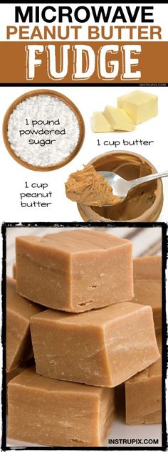 the ingredients to make microwave fudge are shown in this graphic above it's description