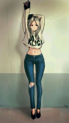 a painting of a girl with her arms up in the air, wearing ripped jeans and a crop top