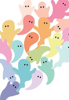 a bunch of little ghostes are flying in the air with their heads down and eyes open