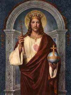 a painting of jesus holding a cross and a ball in his hand with an arch behind him