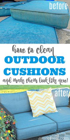 the before and after image shows how to clean outdoor cushions with an easy way to make them look like new