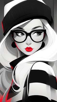 a woman wearing glasses and a hat with red lipstick on her lips is looking at the camera