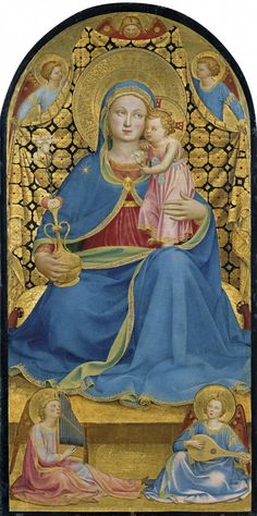 an image of the virgin mary and child jesus in gold, blue and red colors