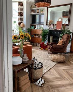 Brown toned Living Room with vinyl herringbone floor Plants For Clean Air, Living Room Partition Ideas, Room Partition Ideas, Living Room Flat, Modern Room Divider, Flat Decor, Luxury Flooring, Vinyl Floor Tiles, Flooring Tiles