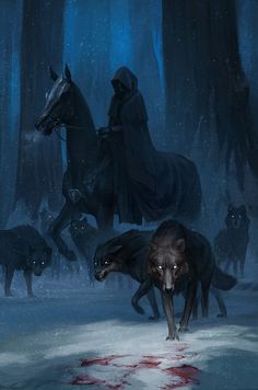 three wolfs are in the woods with blood on the ground and one is riding a horse