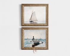 two paintings hang on the wall next to each other, one with a man in a boat