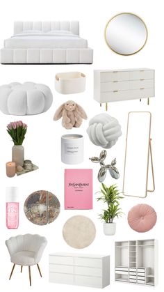 a collage of white furniture and accessories including a bed, dresser, mirror, chair, plant, vases