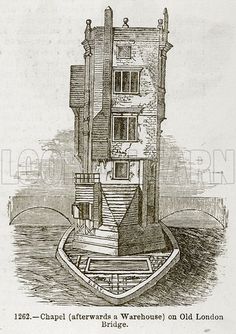 an old drawing of a house on the water with stairs leading up to it's second floor