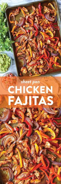 two pans filled with chicken fajitas on top of a table