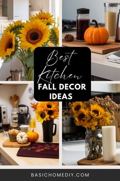 sunflowers, pumpkins and other fall decorations in a kitchen with the words best kitchen fall decor ideas