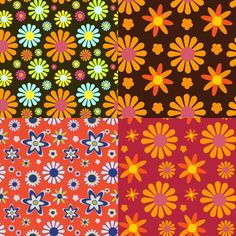 four different colored flower patterns on brown, orange and red background stock photo - budget conscious