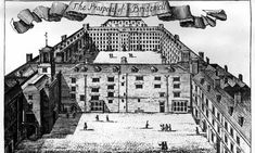 an old drawing of a large building with people walking around it and flags flying in the air