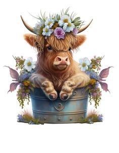 a cow with flowers on its head sitting in a bucket