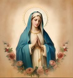 the immaculate mary with roses around her