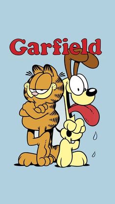 garfield the cat and his friend garfield are hugging each other in front of a blue background