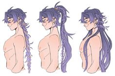 three different views of a man with long purple hair and braids on his head