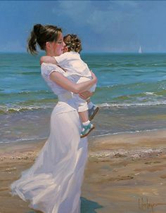 a painting of a woman holding a child on the beach