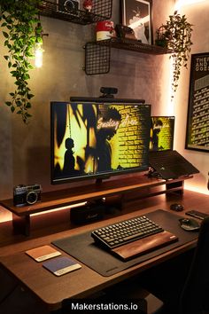 IKEA Desk Setup Idåsen Ikea Desk, Dark Cozy Desk Setup, Fantasy Desk Setup, Industrial Desk Setup, Karlby Desk Setup, Brown Gaming Setup, Industrial Study Room, Dark Study Room, Small Room Desk Ideas