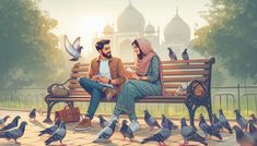 two people sitting on a bench surrounded by pigeons