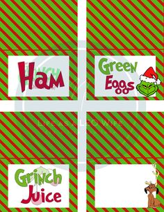 four green and red christmas stickers with the words ham, green eggs, grin juice