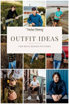 a collage of photos with the words, outfit ideas for boys'senior pictures