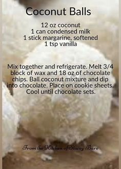 coconut balls on a cutting board with instructions for how to make them in the kitchen