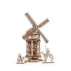 a wooden model of a windmill with figurines around it on a white background