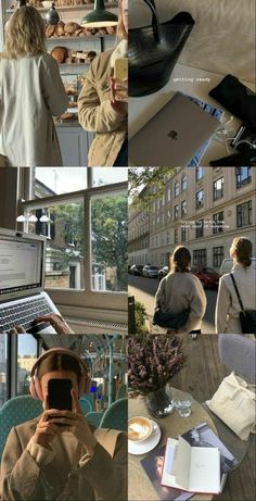 the collage shows people sitting at tables and working on laptops