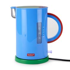 a blue coffee pot sitting on top of a green stand next to a black cord