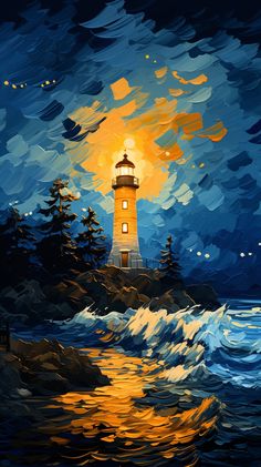 a painting of a lighthouse in the ocean at night