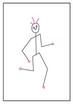 a drawing of a stick figure with pink dots on it's head and arms