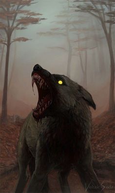 a wolf with its mouth open and glowing eyes in the dark forest, it's snarling