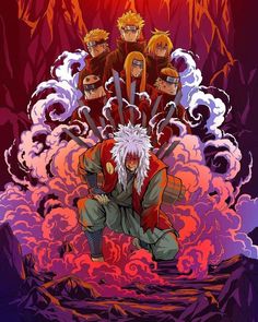 an anime character sitting on top of a pile of lava with other characters behind him