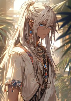 an anime character with long white hair and blue eyes standing in front of palm trees