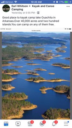 an image of the lake that is surrounded by trees and land, with text on it