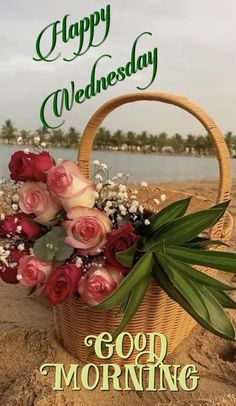 a basket filled with flowers sitting on top of a beach next to the words happy wednesday