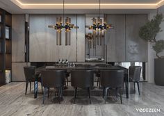 an elegant dining room with wooden paneling and chandelier