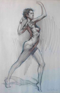 a pencil drawing of a woman with no shirt on, holding her arms out to the side