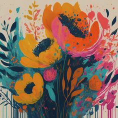 an abstract painting of colorful flowers in a vase