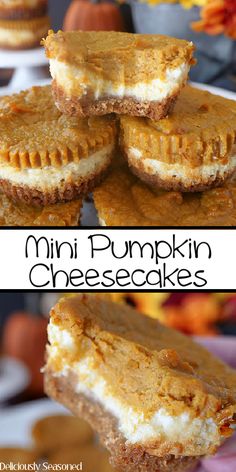 mini pumpkin cheesecakes are stacked on top of each other and ready to be eaten