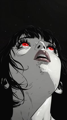 a woman with red eyes looking up at the sky