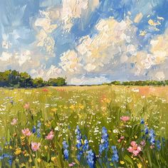 a painting of flowers in a field under a blue sky with white and yellow clouds