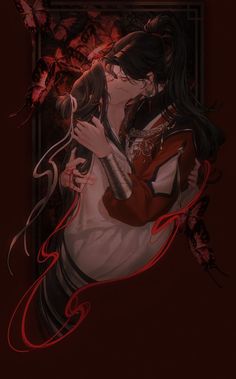 a woman with long black hair and red eyes is hugging her face in front of a mirror