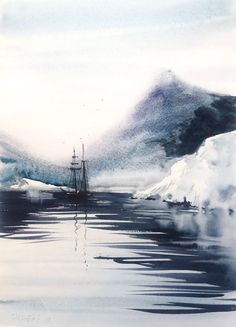 a painting of a ship in the ocean with icebergs and mountains behind it