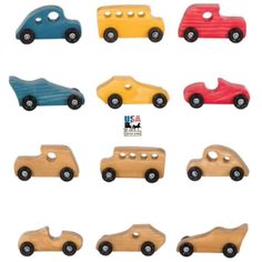 wooden toy cars are shown in different colors