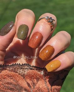 Autumn Treasures Gradient Set / Aspen, Sienna, Fireside, Cocoa, Mossy. - Etsy Ombre Nails Different Color Each Nail, Fall Gel Nails With Gold Foil, Nails Acrylic End Of Summer, Cute Short Thanksgiving Nails, Fall 2024 Manicure, Fall Nail Gradient, Sunflower Nails Fall Colors, Autumn Nails Almond Short, Simple Fall Color Nails