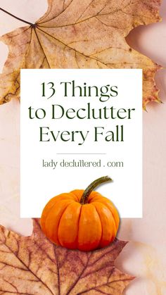 an orange pumpkin sitting on top of leaves with the words 13 things to declutter every fall