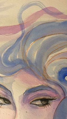 a watercolor painting of a woman's face with wavy hair and blue eyes