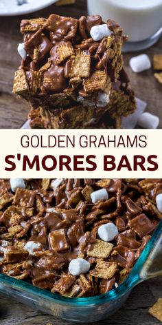 golden graham s'mores bars stacked on top of each other